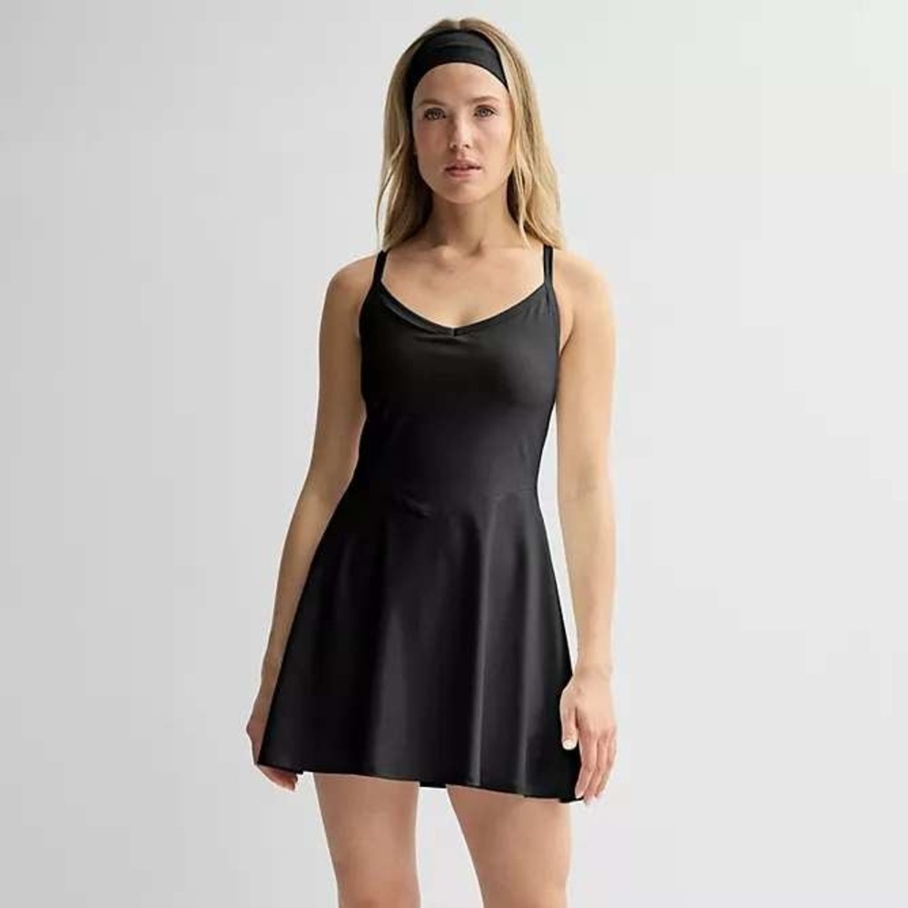 FLX $55 NEW Women's Affirmation Strappy Flounce Active Wear Dress in Black Lg